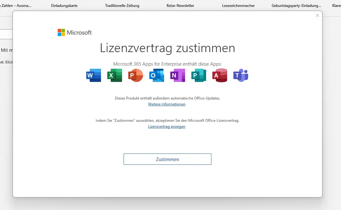 Zustimmung zum Microsoft Office-Lizenzvertrag