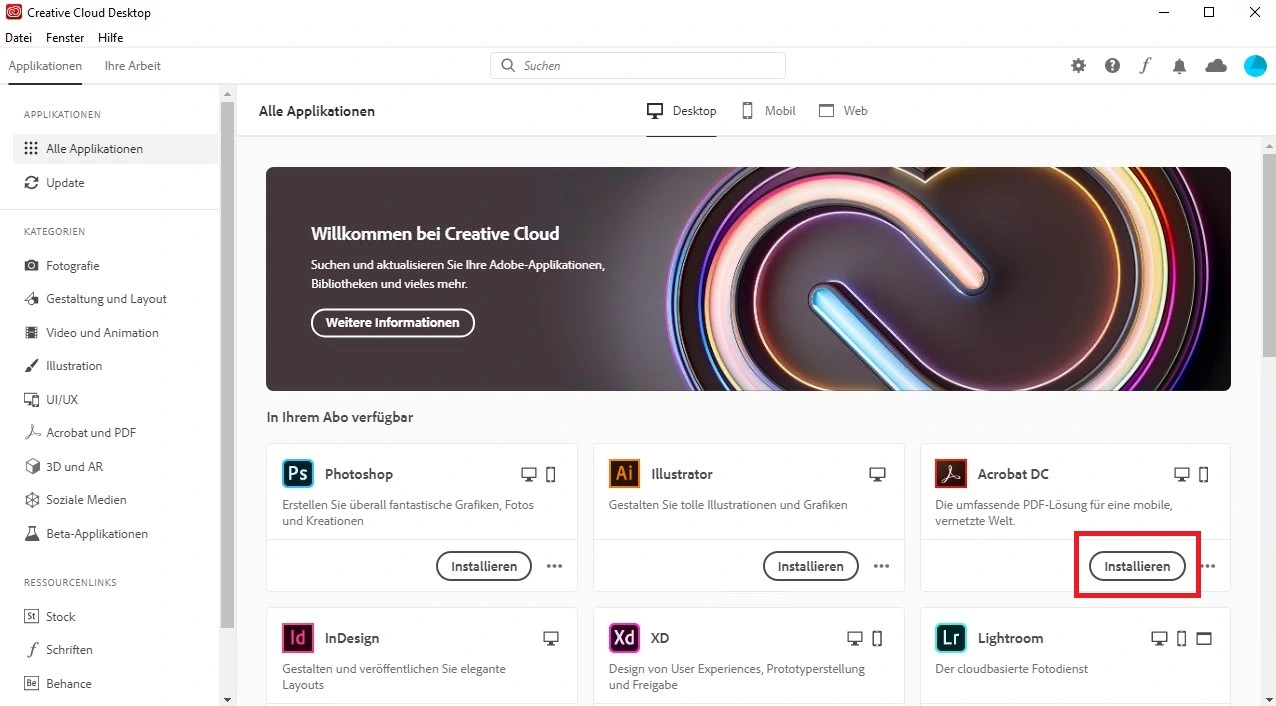 Installing an app in the Adobe Creative Cloud app