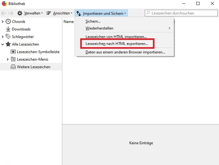 "Lesezeichen nach HTML exportieren" in der Firefox-Bibliothek