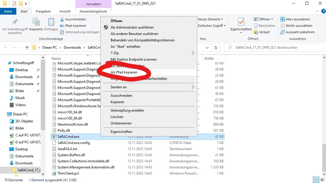 Pfad zur SaRACmd.exe kopieren