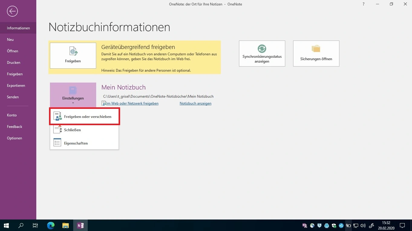 Auswahl Notizbuch freigeben oder verschieben in OneNote